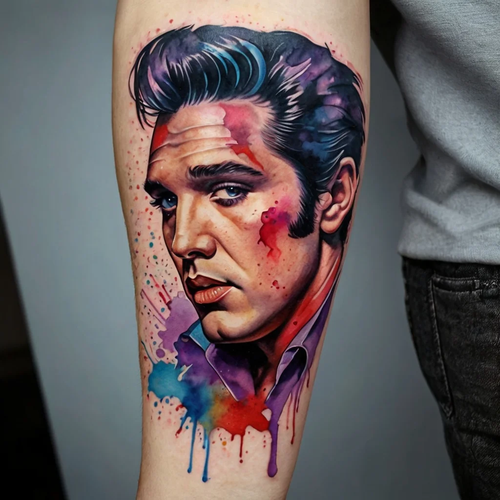 Realistic portrait tattoo with vibrant watercolor effects in blue, red, and purple splashes surrounding the face.