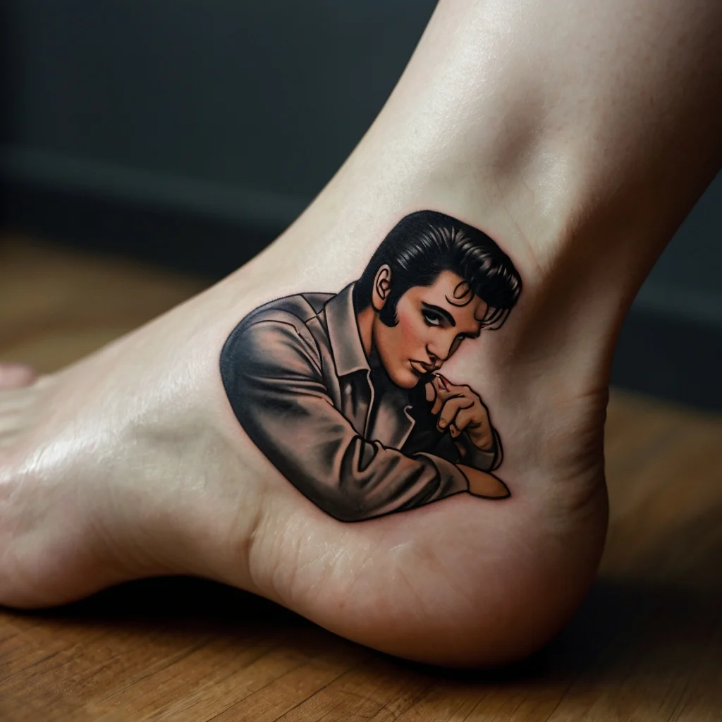 Tattoo of a vintage-inspired portrait of a thoughtful man in a leather jacket, detailed and realistic on an ankle.