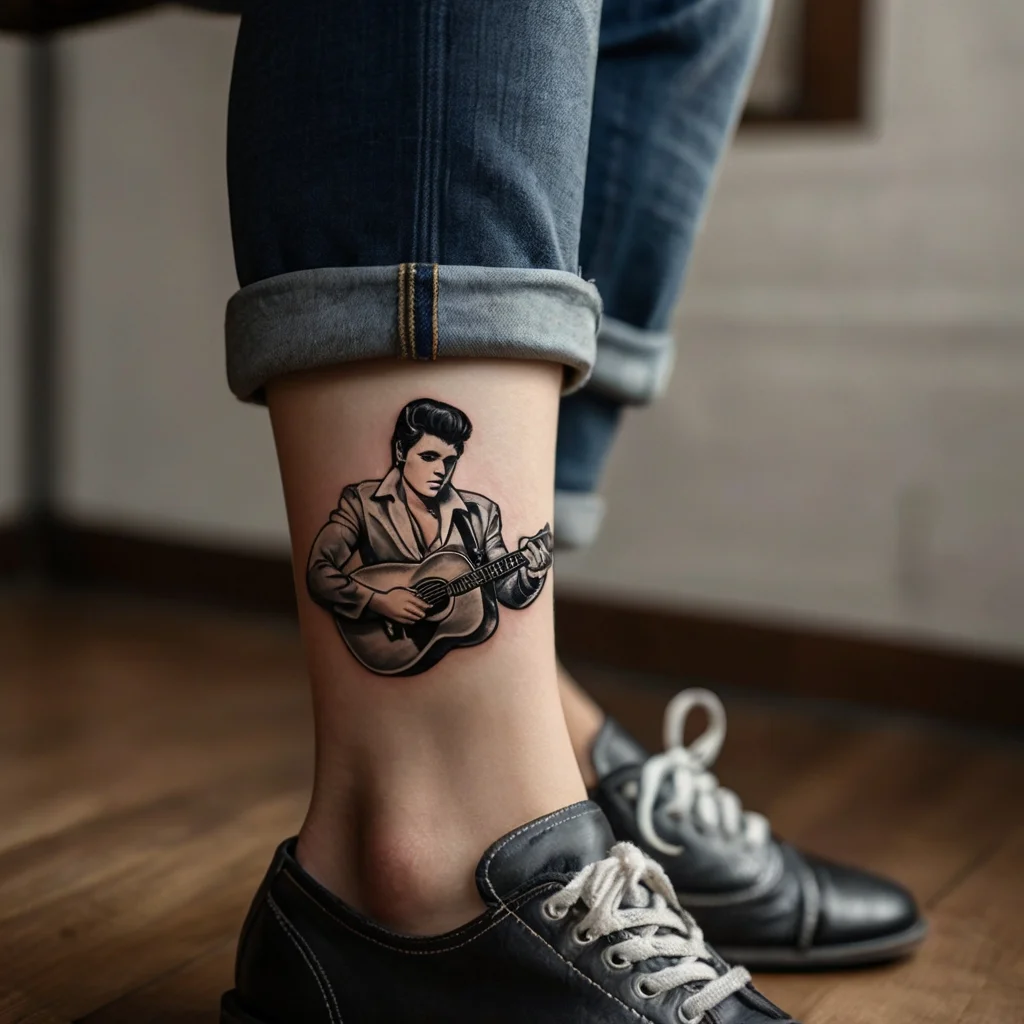 Tattoo of a classic musician with slicked hair and a guitar, done in black and gray, on the lower leg.