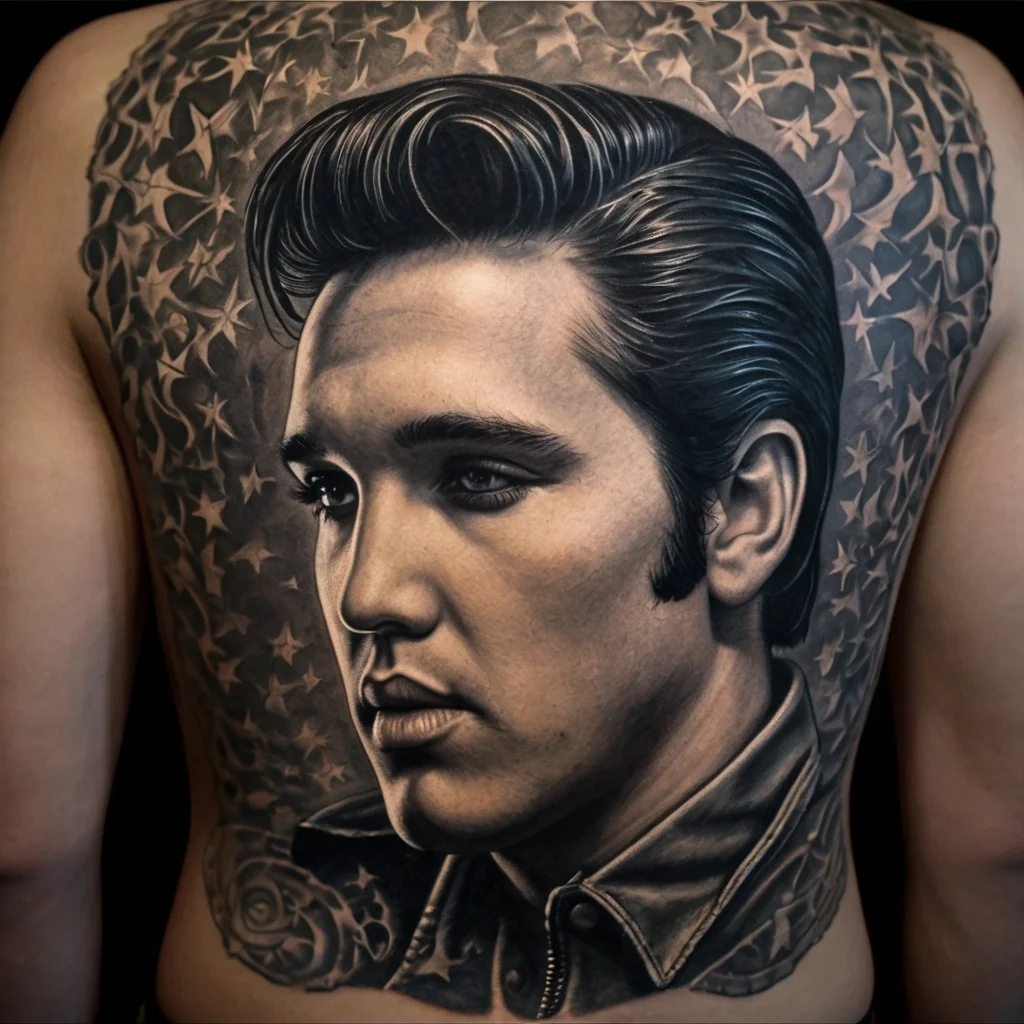 Detailed black and grey tattoo of a man's portrait surrounded by stars, covering entire back.