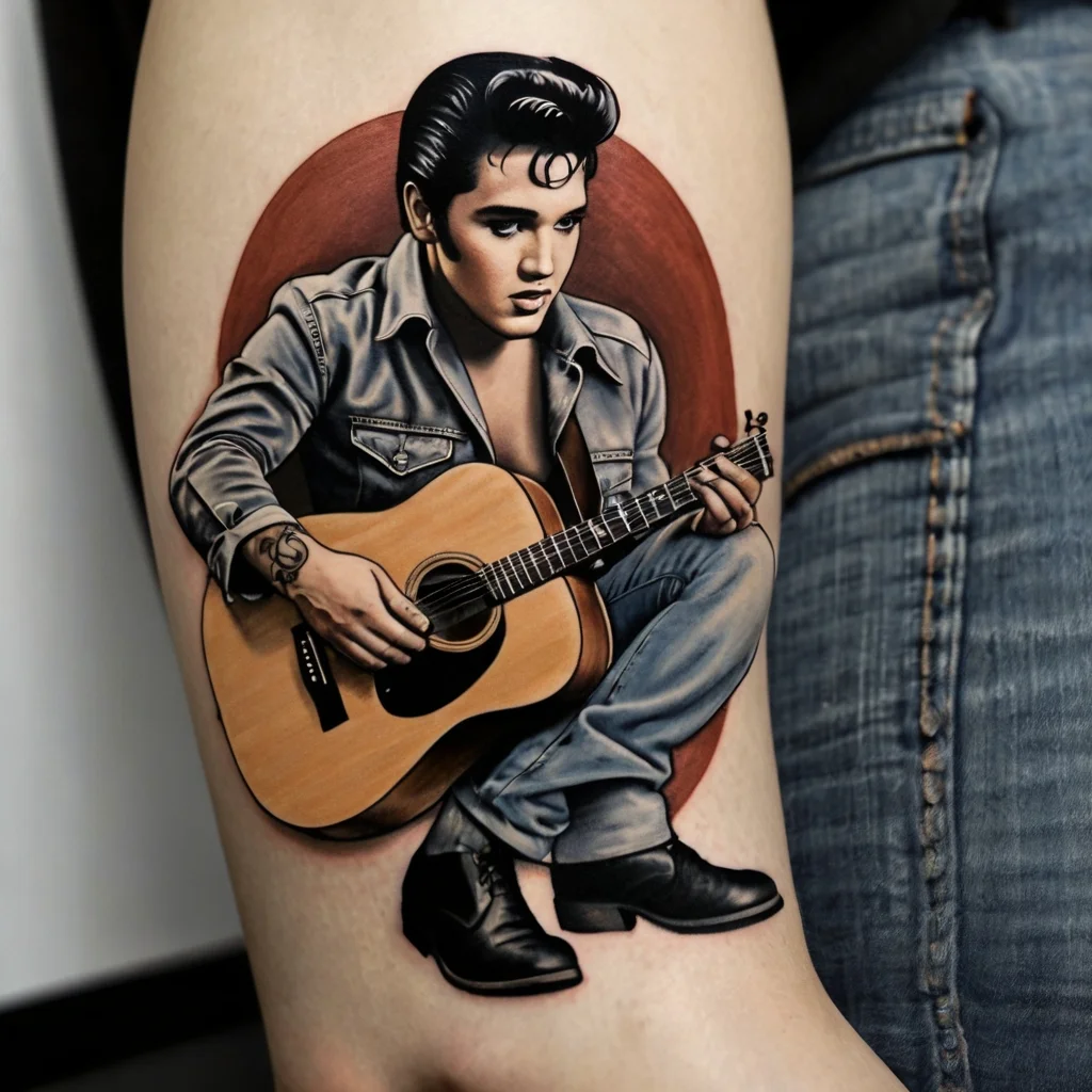 Detailed tattoo of a man in classic attire playing a guitar, set against a maroon backdrop, emphasizing nostalgic vibes.