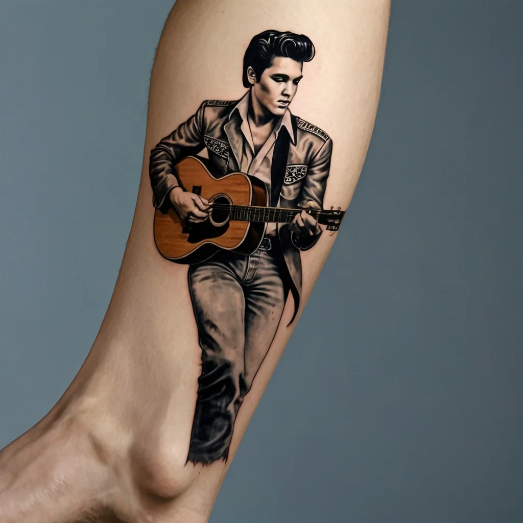 Realistic tattoo of a musician with a guitar, featuring detailed shading and a classic vintage style on the arm.