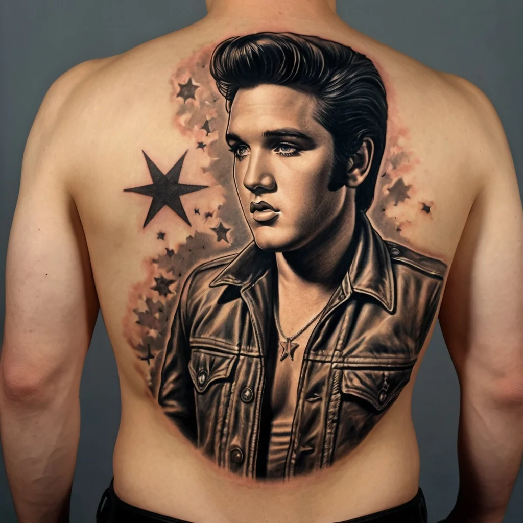 Realistic portrait tattoo of a man in a leather jacket with surrounding stars and shading on the back.