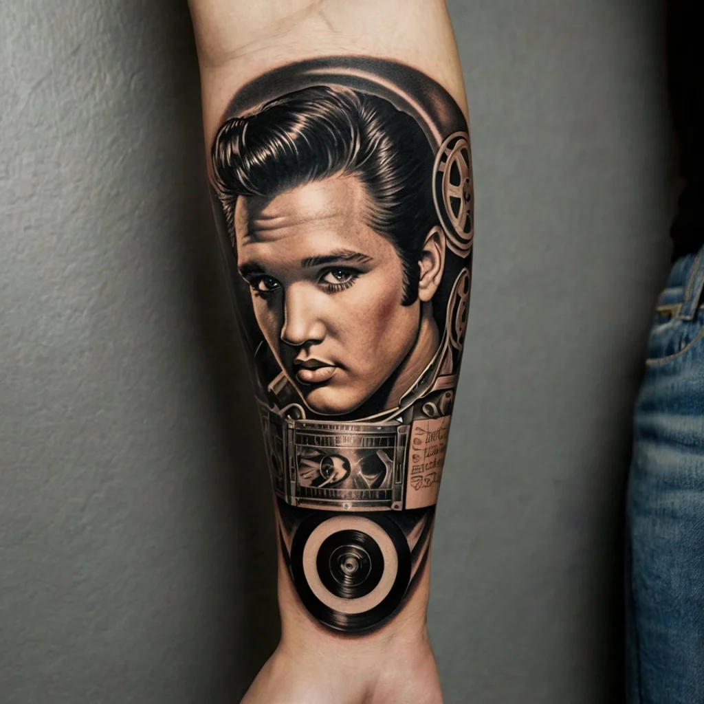 Tattoo of a retro singer's portrait integrated with reel-to-reel tape decks and a vinyl record on forearm.