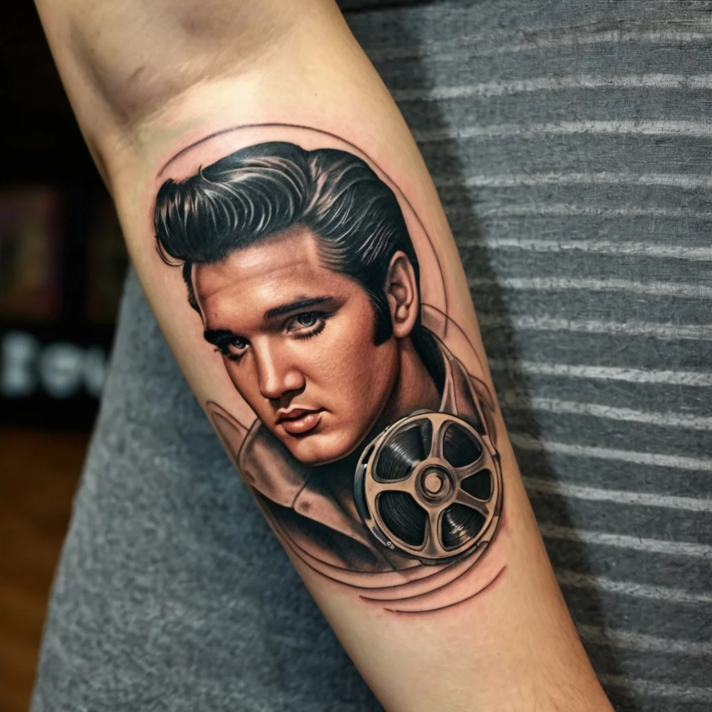 Realistic tattoo of a man with styled hair and a reel-to-reel tape recorder, highlighting musical legacy.