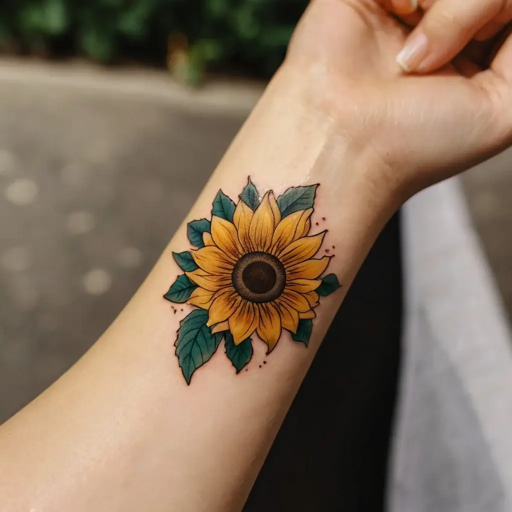 Vivid sunflower tattoo with bold yellow petals and green leaves on the forearm, symbolizing joy and positivity.