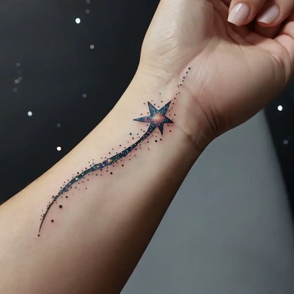 A cosmic shooting star tattoo with colorful galaxy shading and a dotted trail, elegantly curving along the forearm.