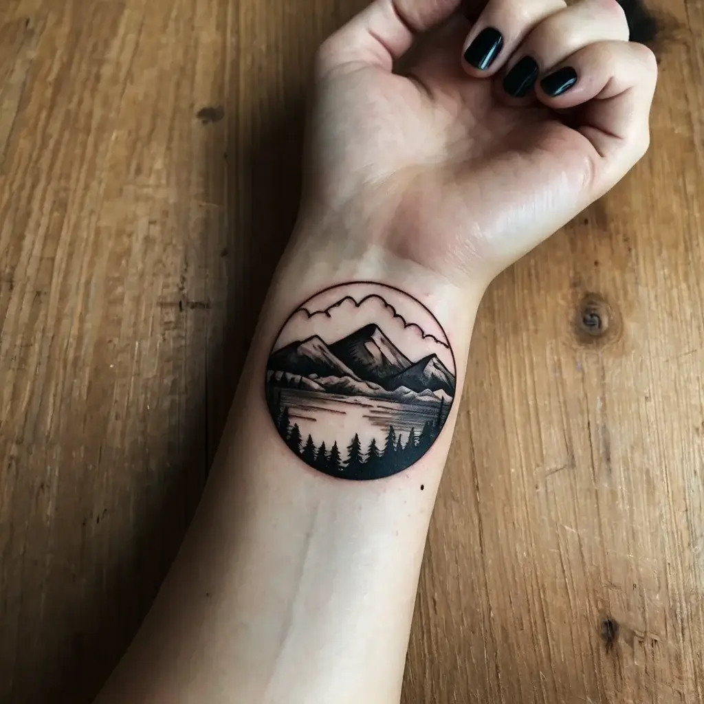 Circular wrist tattoo of a mountain landscape with pine trees, detailed shading, capturing a serene nature scene.