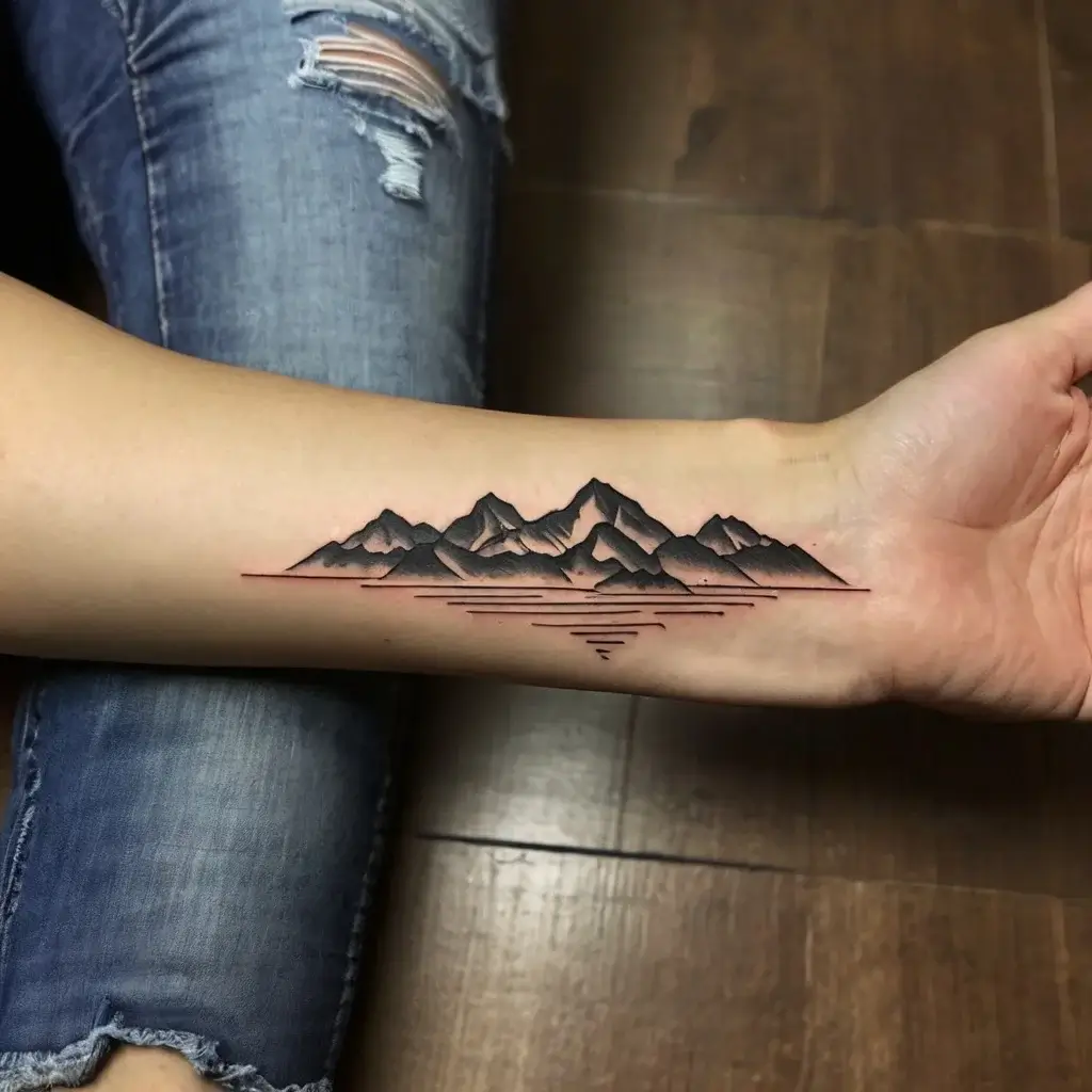 Minimalist mountain range tattoo on forearm with bold black lines and shading, reflecting in stylized water lines.