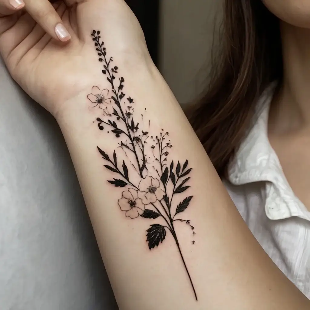 Intricate floral forearm tattoo features delicate branches, leaves, and blossoms in black ink creating an elegant design.