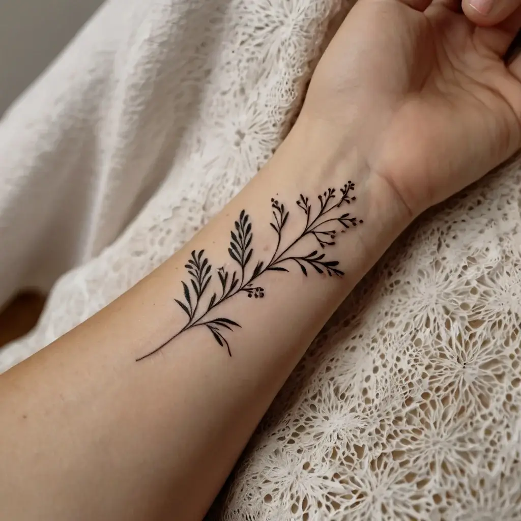 Minimalistic black ink tattoo of delicate sprigs with small leaves and berries, elegantly placed on the forearm.