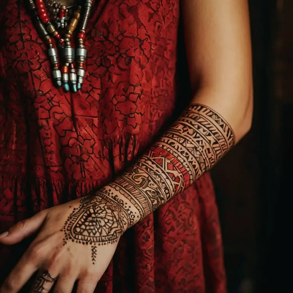 Ornate henna tattoo on forearm features intricate geometric designs and floral patterns in brown and red hues.