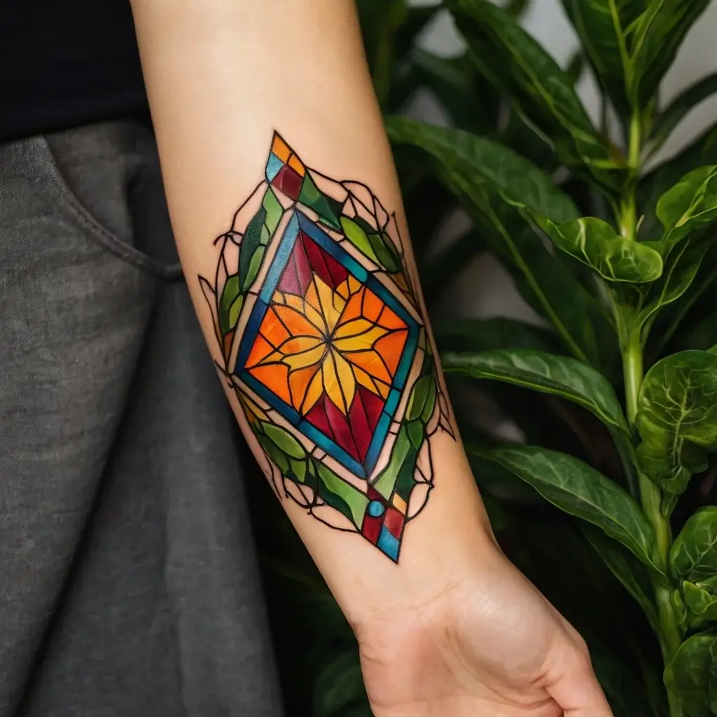 Colorful stained glass tattoo with geometric shapes, featuring a central orange flower and surrounding green and blue accents.