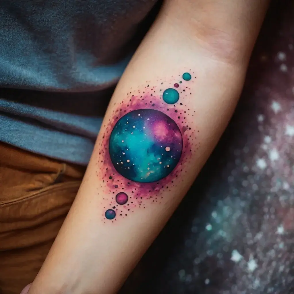 A vibrant galaxy tattoo with a large blue and purple planet surrounded by smaller celestial bodies and cosmic dust.