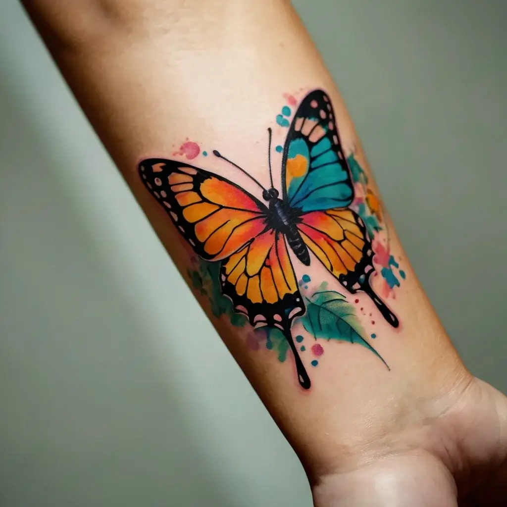 Vibrant butterfly tattoo with orange and blue wings, black outlines, and watercolor splashes on forearm.