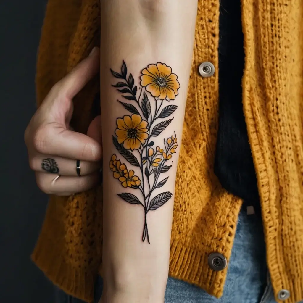 Tattoo of vibrant yellow flowers with detailed black leaves, elegantly placed on the forearm for a botanical look.