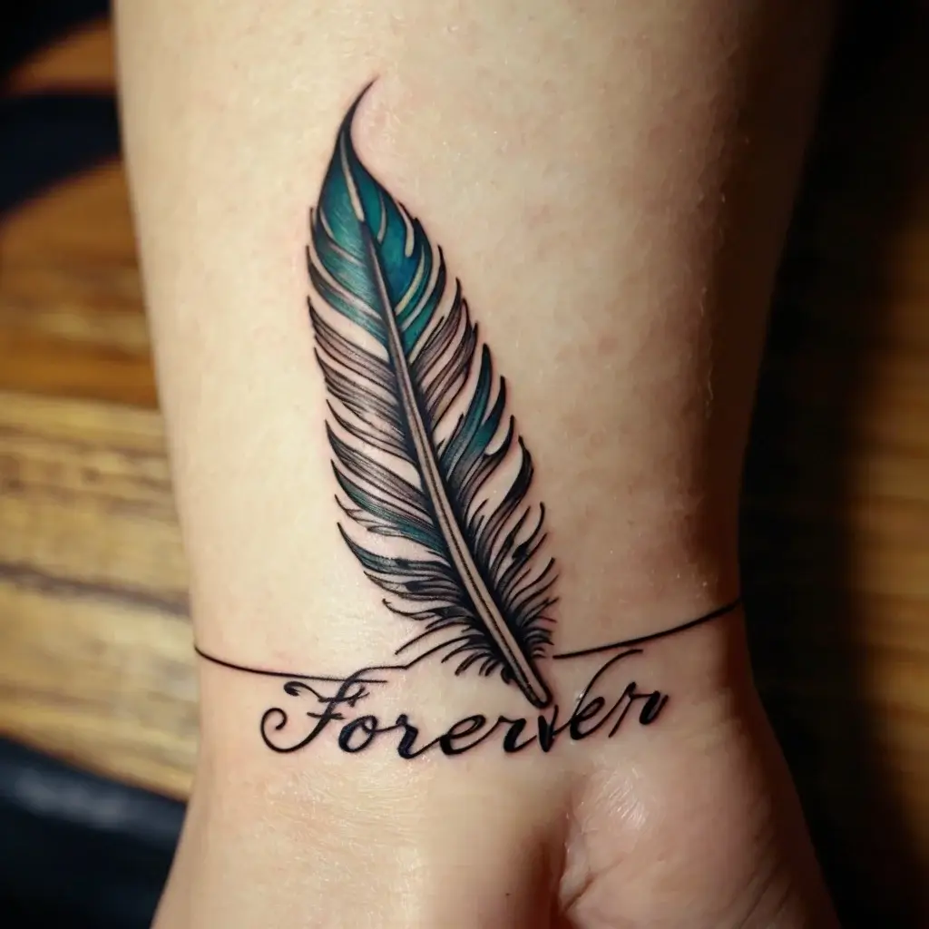 A vibrant feather tattoo with teal and black hues, inked above the cursive word Forever, symbolizing eternal lightness.