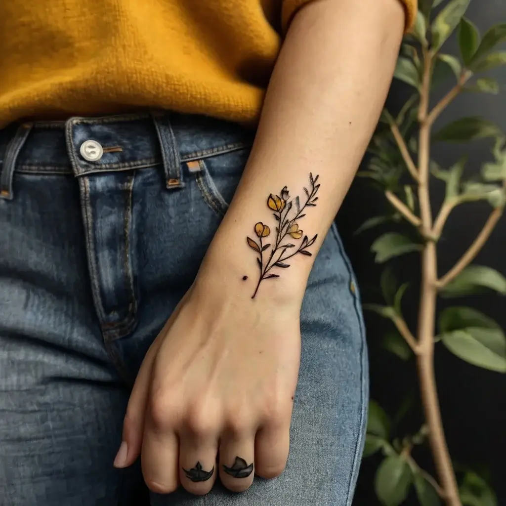 Delicate forearm tattoo of a slender branch with subtle yellow blossoms and detailed black lines.