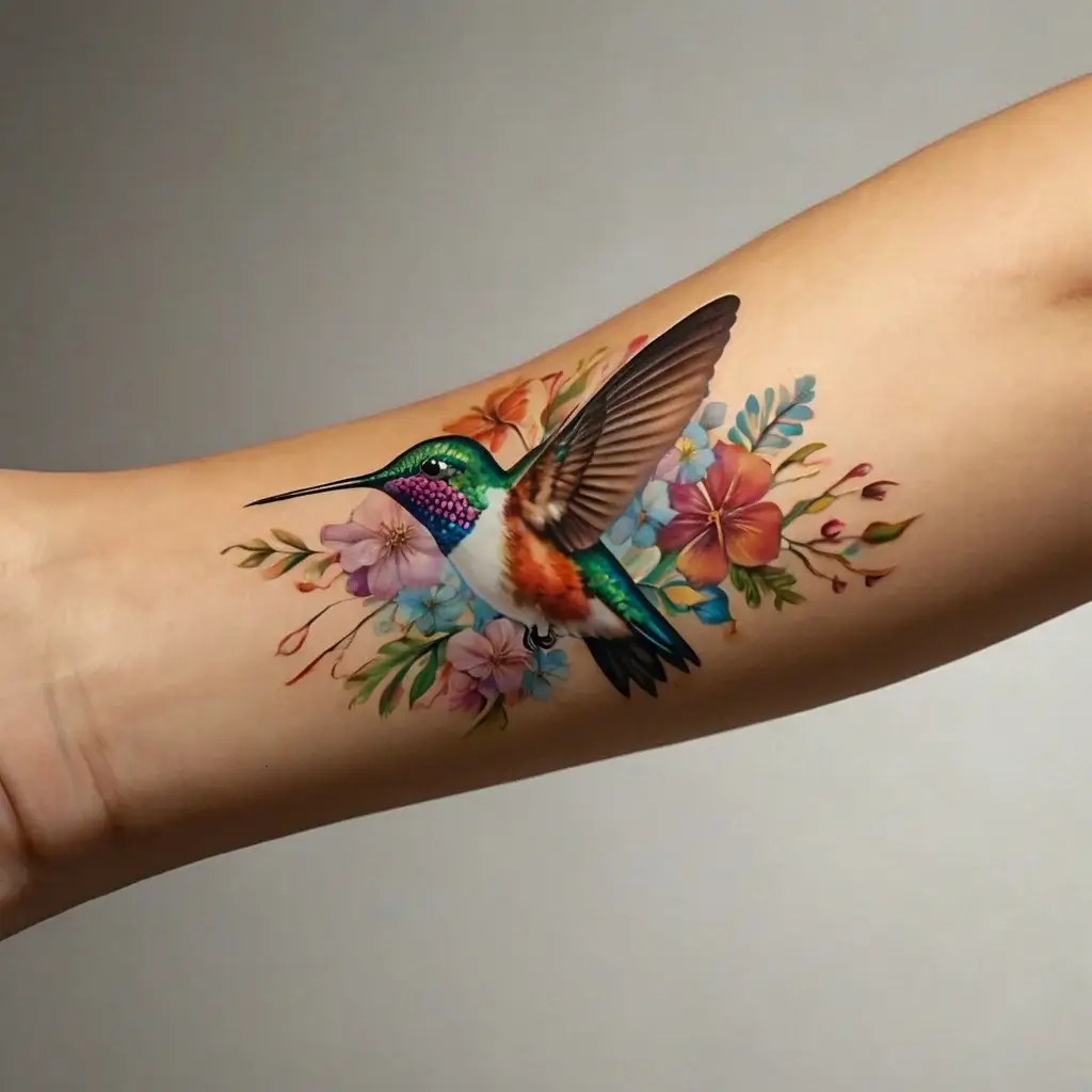 Colorful hummingbird tattoo with detailed flowers on an arm, showcasing vibrant greens, blues, and pinks, adding a lively touch.