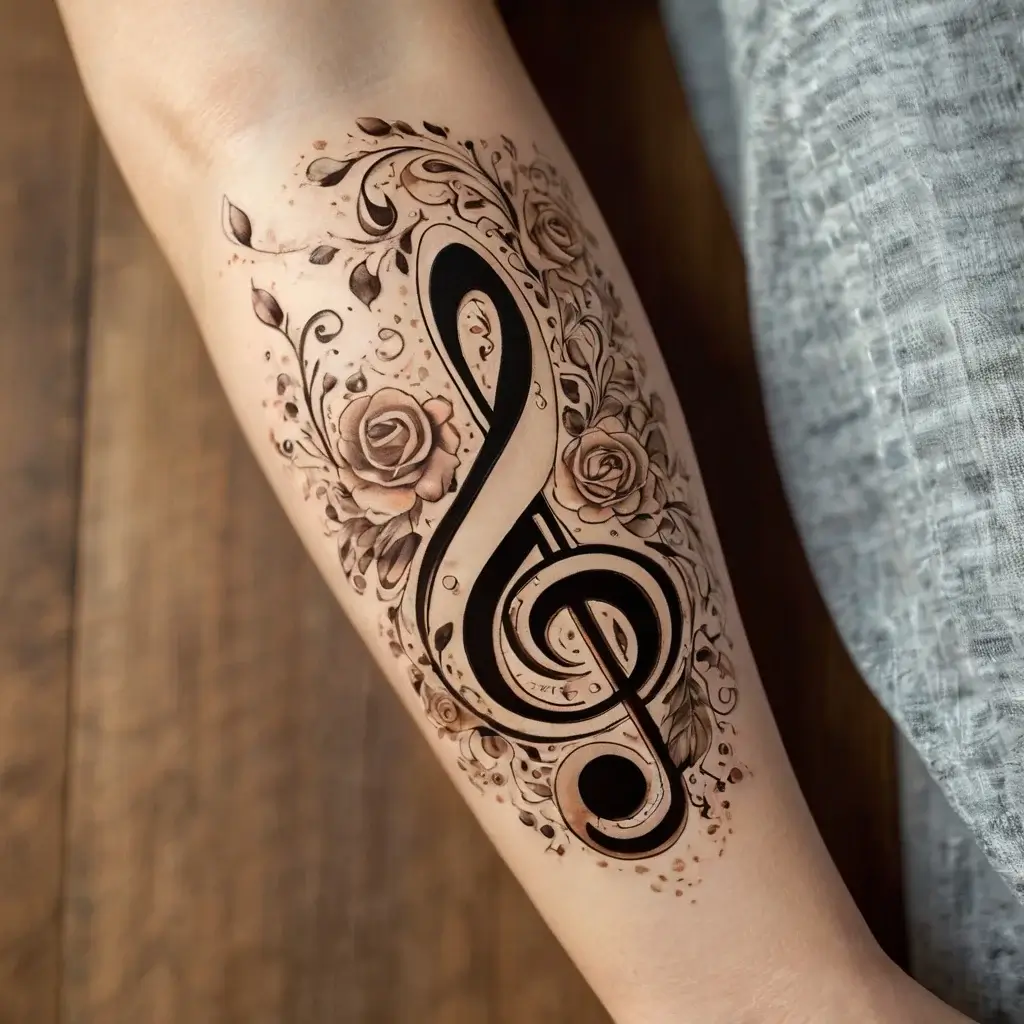 Tattoo of a bold treble clef entwined with detailed roses and leaves, blending musical and floral themes on the forearm.