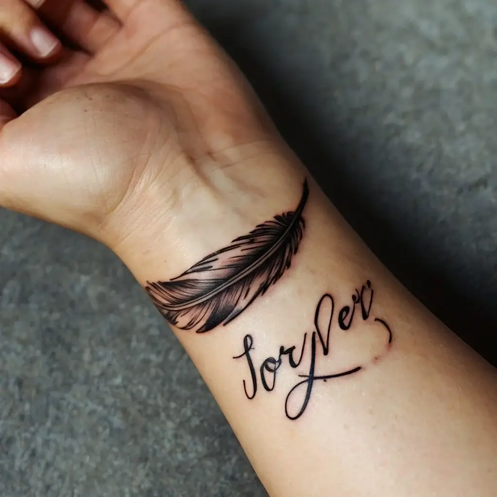 A wrist tattoo features a detailed black feather with elegant script writing beneath.