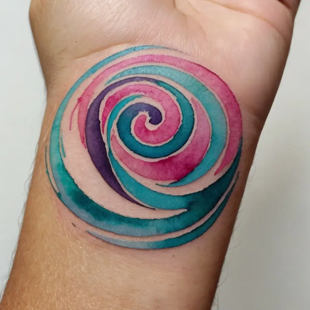 Watercolor swirl tattoo on wrist in vibrant pink, teal, and purple hues, creating a dynamic, artistic spiral effect.