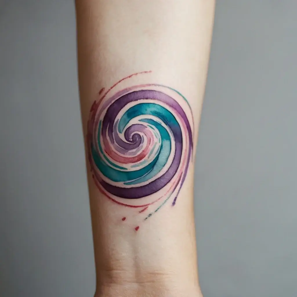 Watercolor spiral tattoo in vibrant purples and blues with dynamic brushstroke effect on the forearm.