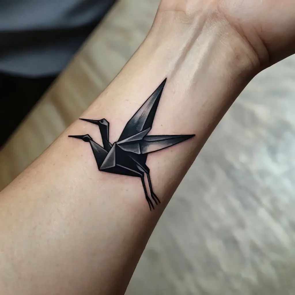 Minimalistic black origami crane tattoo with smooth shading, symbolizing peace and transformation on the forearm.