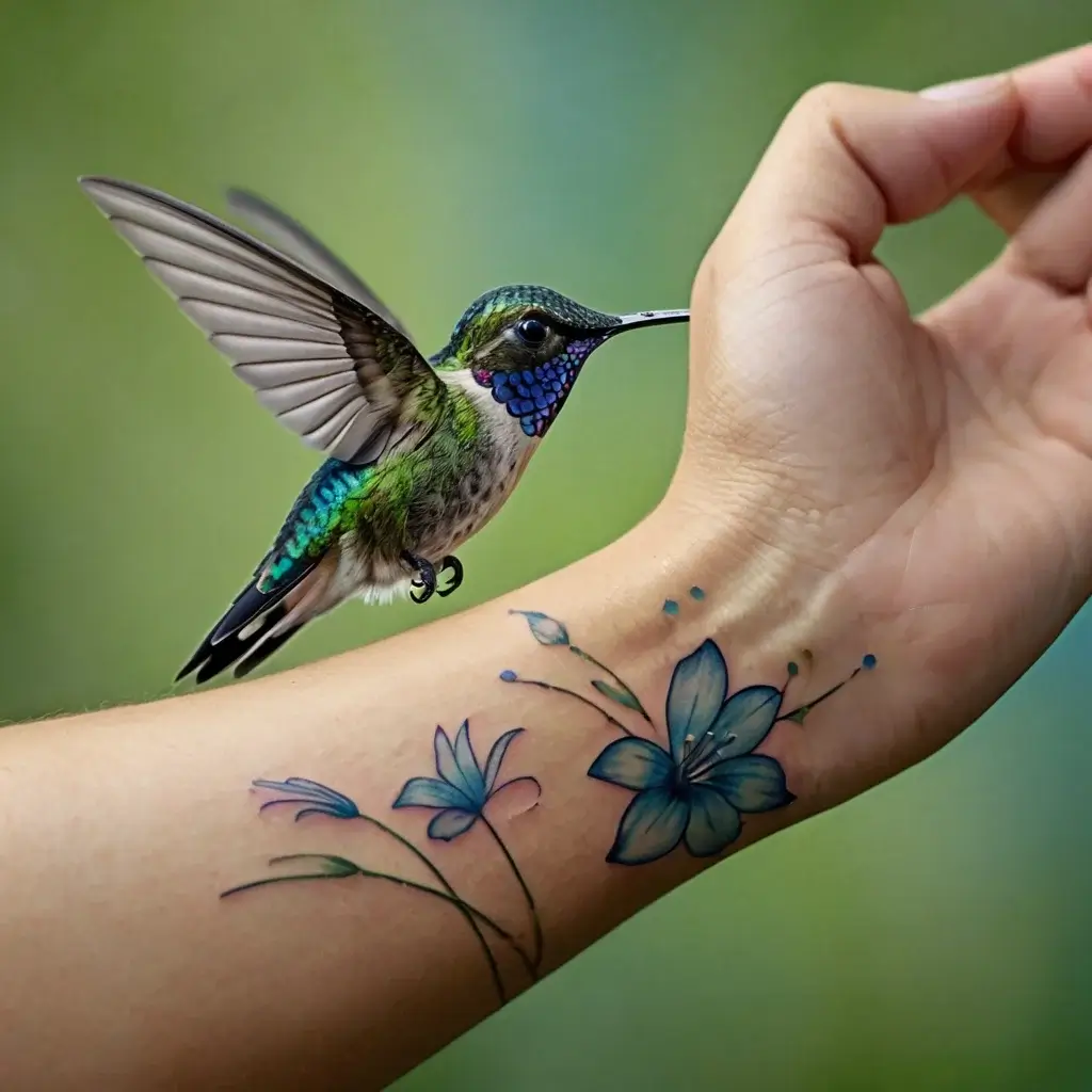 A vivid tattoo of blue flowers with delicate stems, creating a harmonious blend with a vibrant real hummingbird nearby.