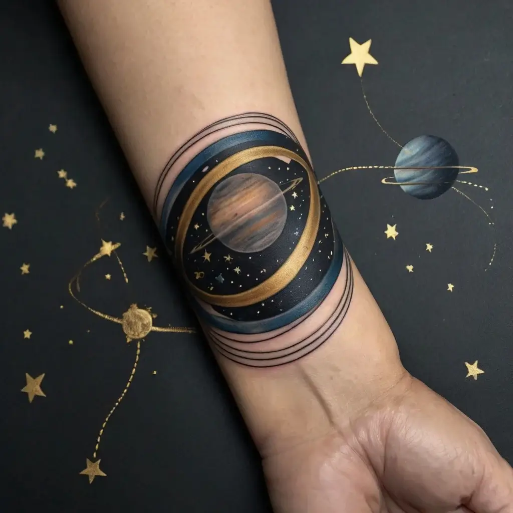 Tattoo of a realistic planet with rings and golden stars orbiting, blending into cosmic background art on the arm.