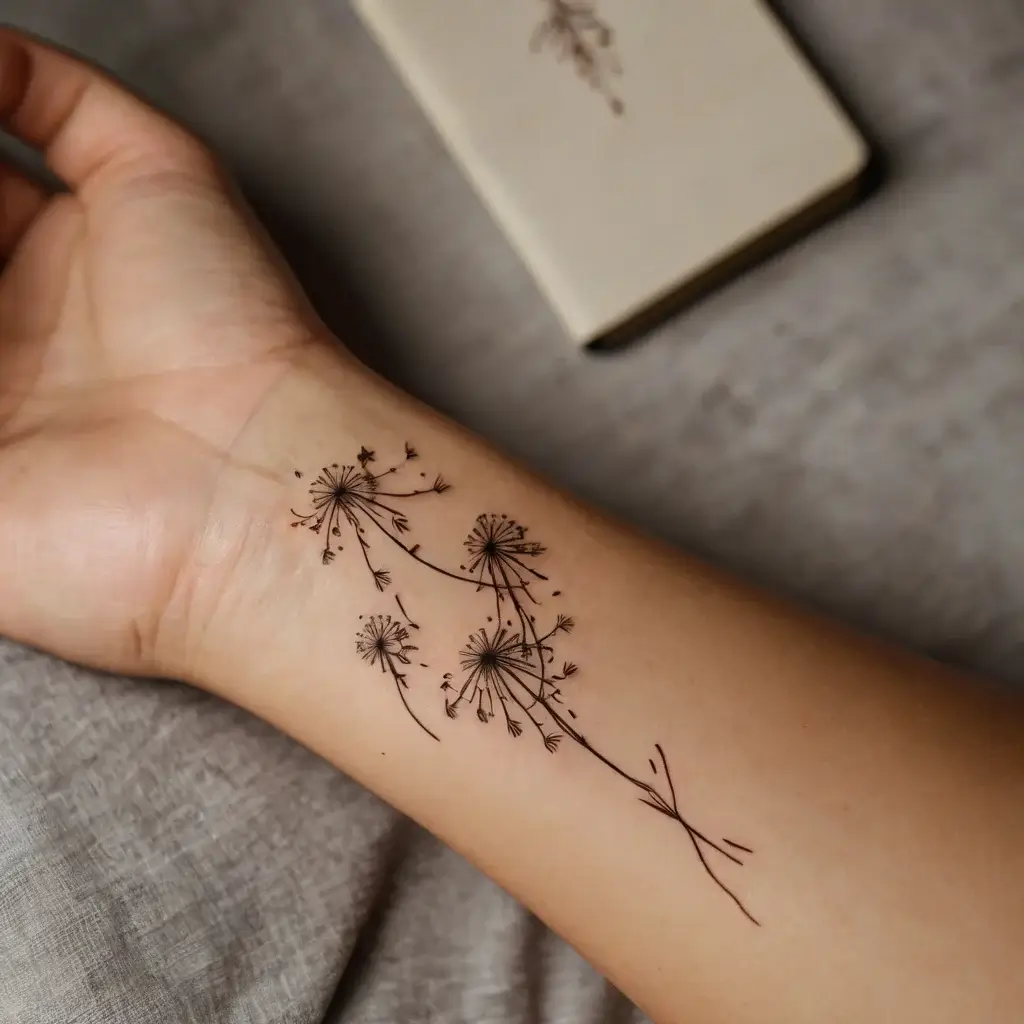 Delicate dandelion tattoo on forearm, with seeds blowing gently, symbolizing freedom and new beginnings.