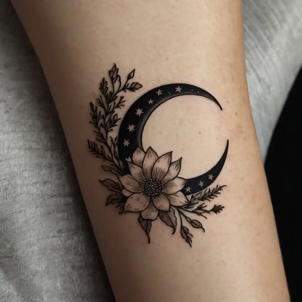 Crescent moon with starry detail and a large flower surrounded by foliage, symbolizing harmony between night and nature.