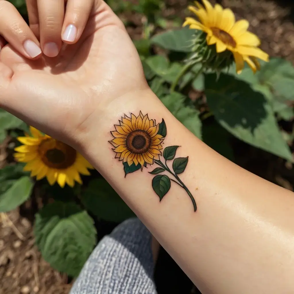 A realistic sunflower tattoo on the wrist, showcasing vibrant yellow petals and detailed green leaves.