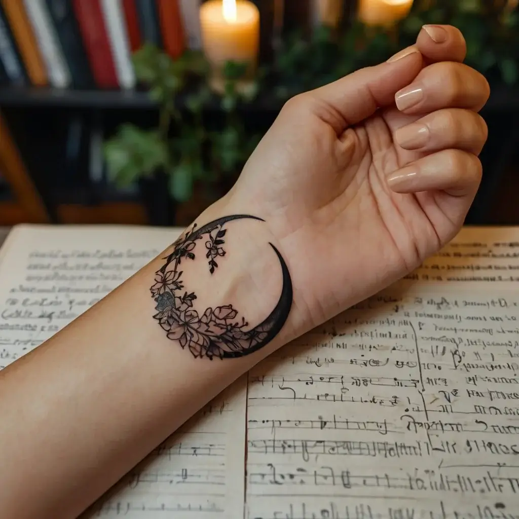 Elegant crescent moon tattoo adorned with intricate floral accents on a wrist, blending nature and celestial themes.