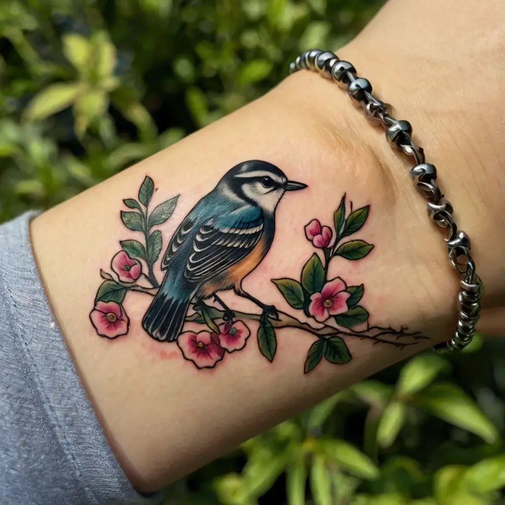 Tattoo of a blue and orange bird perched on a branch with pink flowers and green leaves, combining realism and vivid colors.