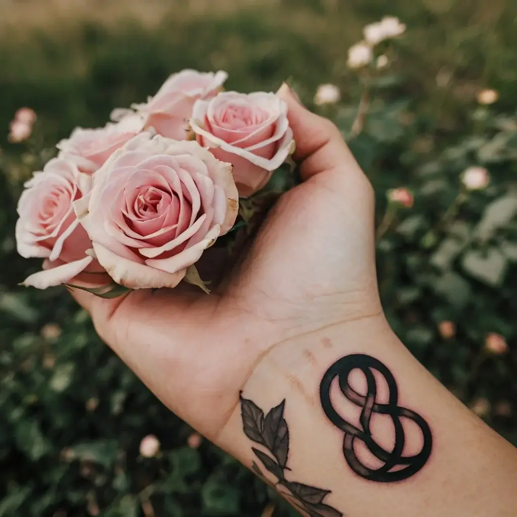 Infinity sign with a bold black outline and subtle shading, paired with a delicate leafy vine on the forearm.