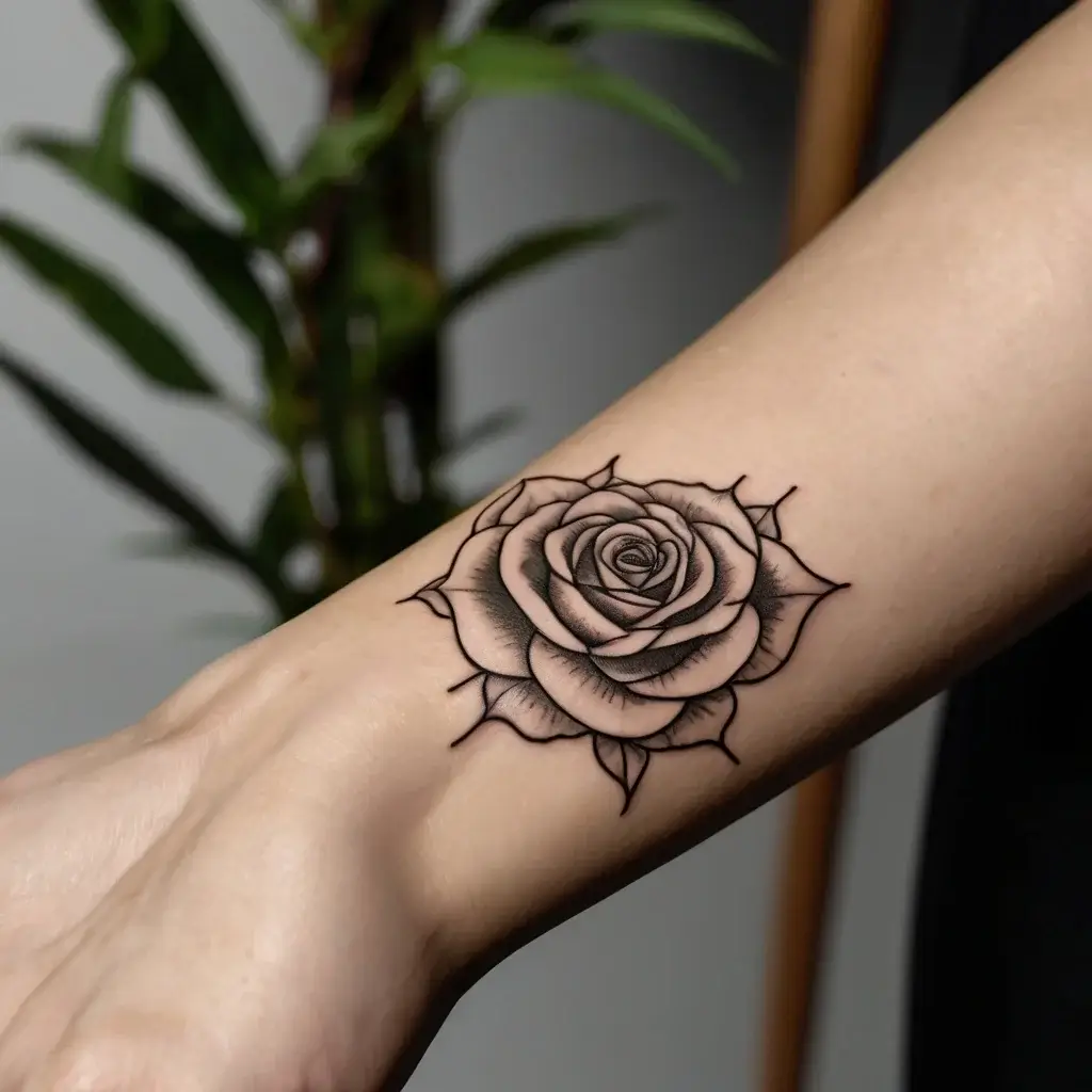 Black and gray rose tattoo on forearm, featuring intricate shading and lined petals for a realistic, elegant look.