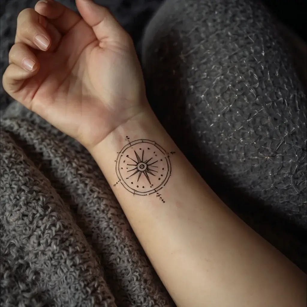 Minimalist compass tattoo with intricate details, symbolizing guidance and exploration, inked on the inner wrist.