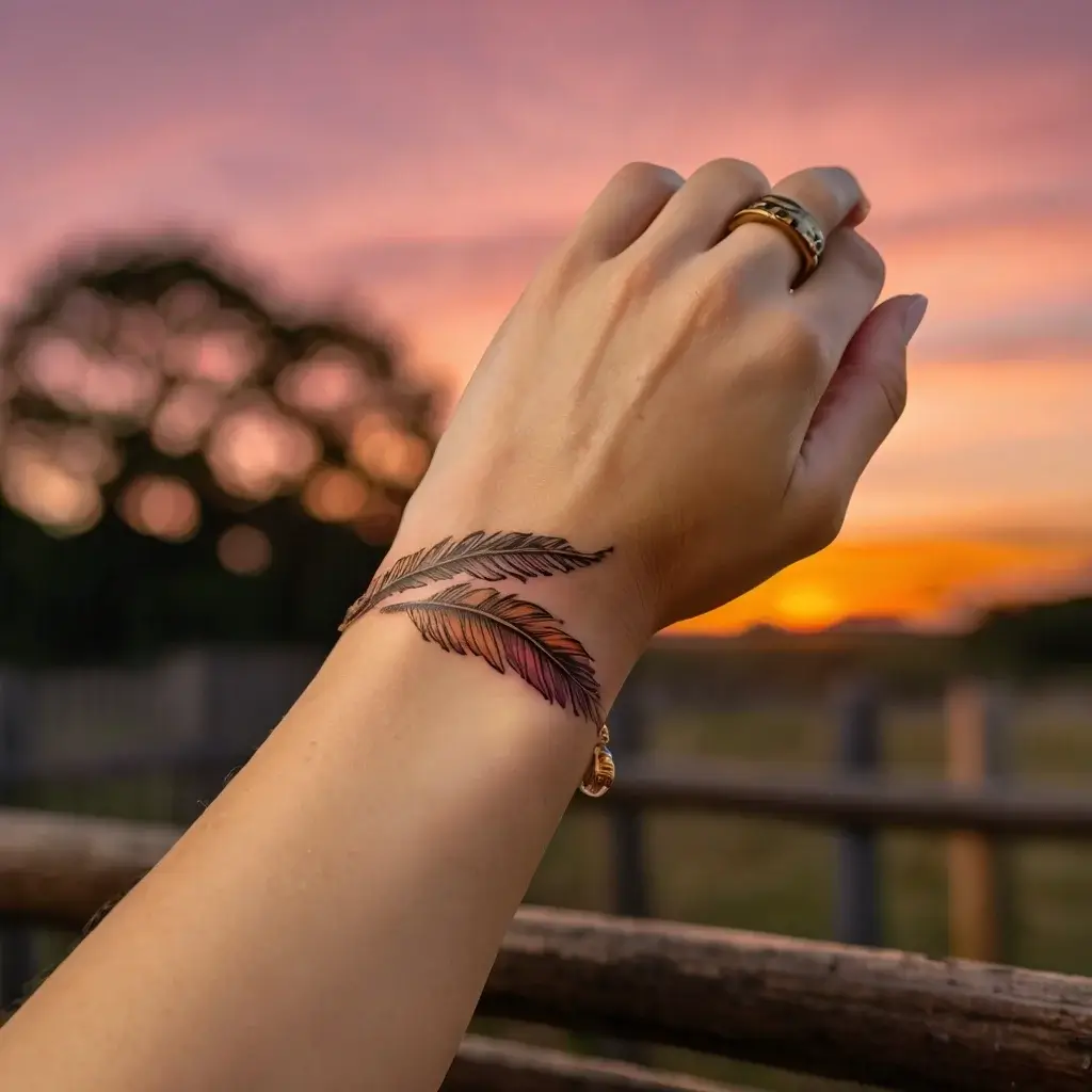 Wrist tattoo of two detailed, multicolored feathers overlapping, symbolizing freedom and grace against a sunset background.