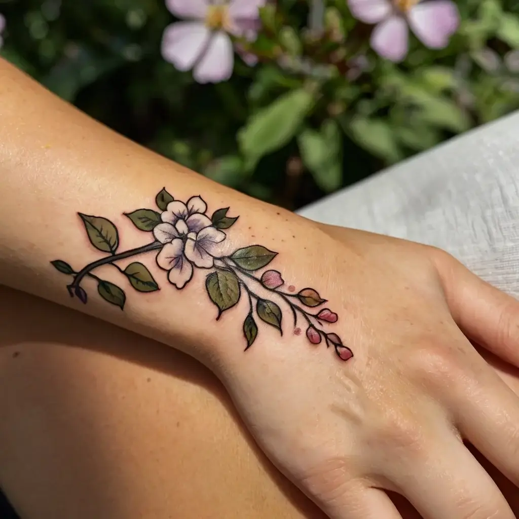 Delicate floral tattoo on the wrist with a blooming flower and green leaves, accented by pink buds extending outward.