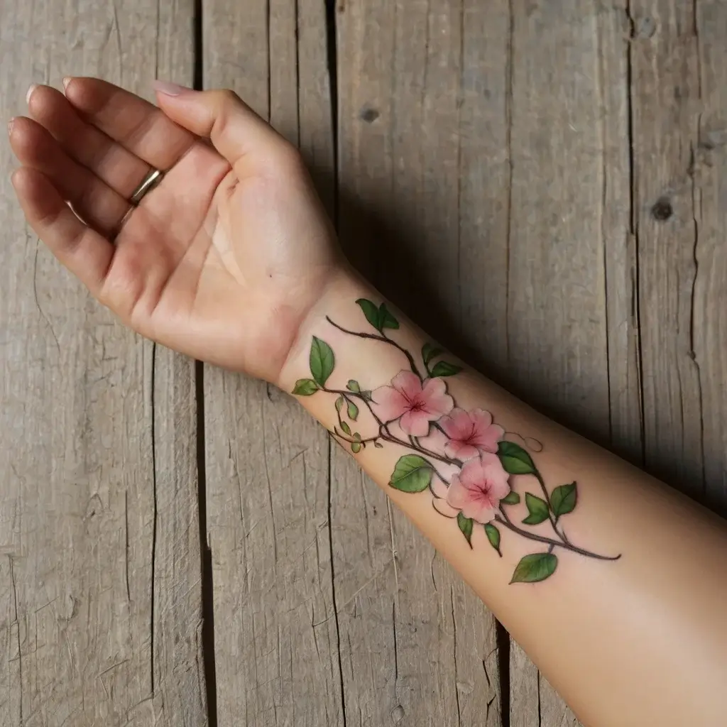 Tattoo of pink cherry blossoms along a branch with green leaves on a forearm, symbolizing beauty and renewal.