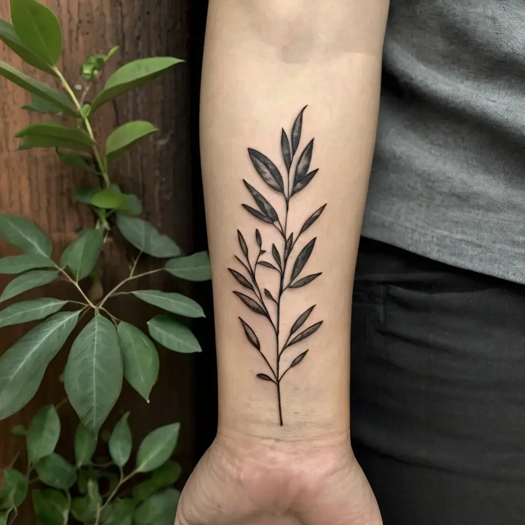 Minimalist fern tattoo on forearm, featuring bold lines and delicate shading for a natural, elegant look.