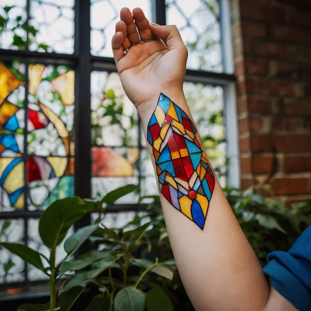 Forearm tattoo in a vibrant stained glass design, featuring geometric shapes in red, blue, yellow, and orange.