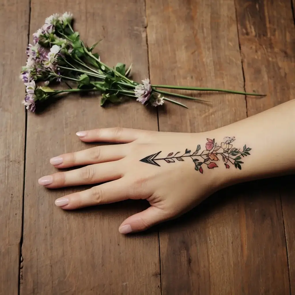 Floral arrow tattoo on hand, featuring delicate blossoms and leaves in soft pink, orange, and green tones.