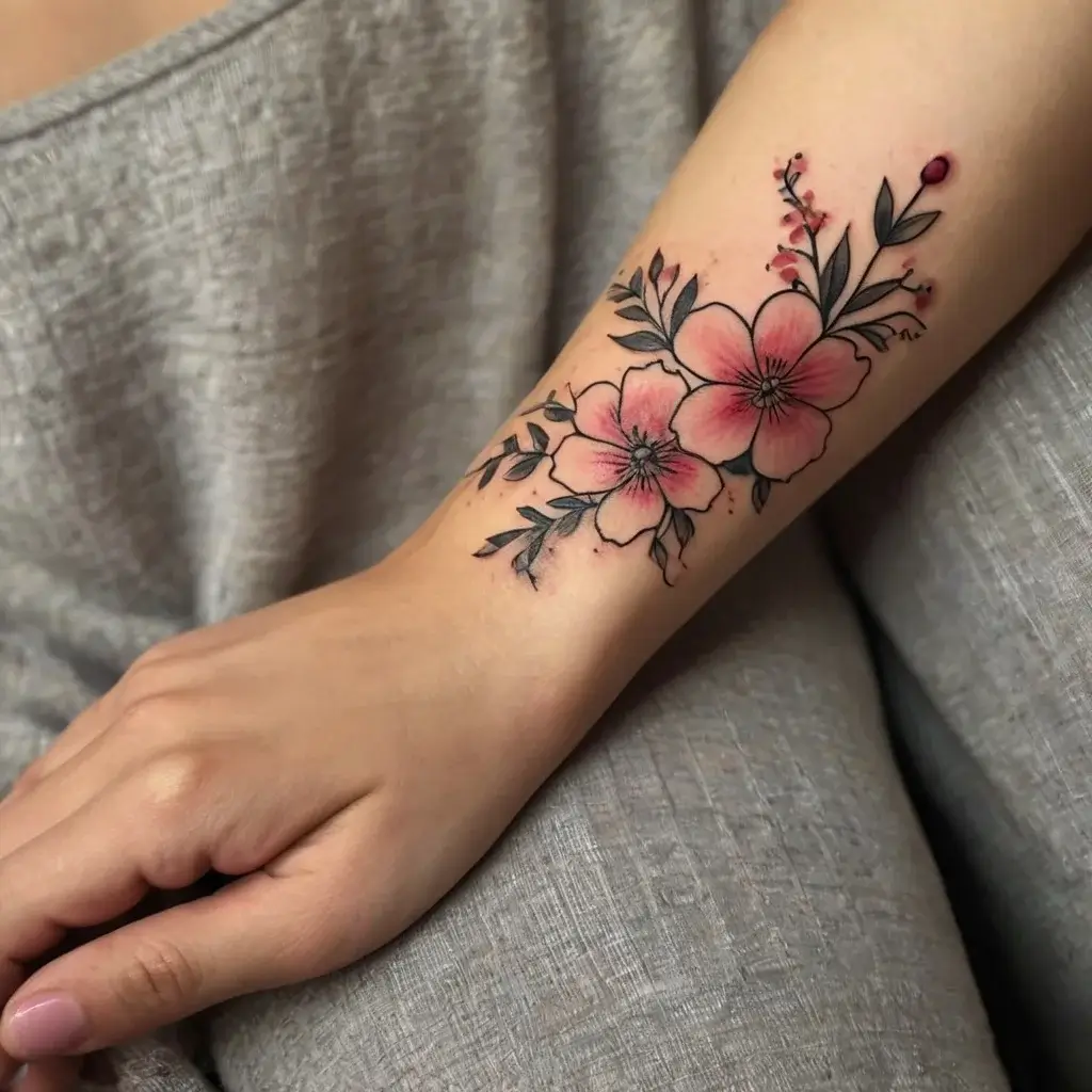 Delicate tattoo of two pink flowers with black outlines and accents, surrounded by green leaves and small berry details.