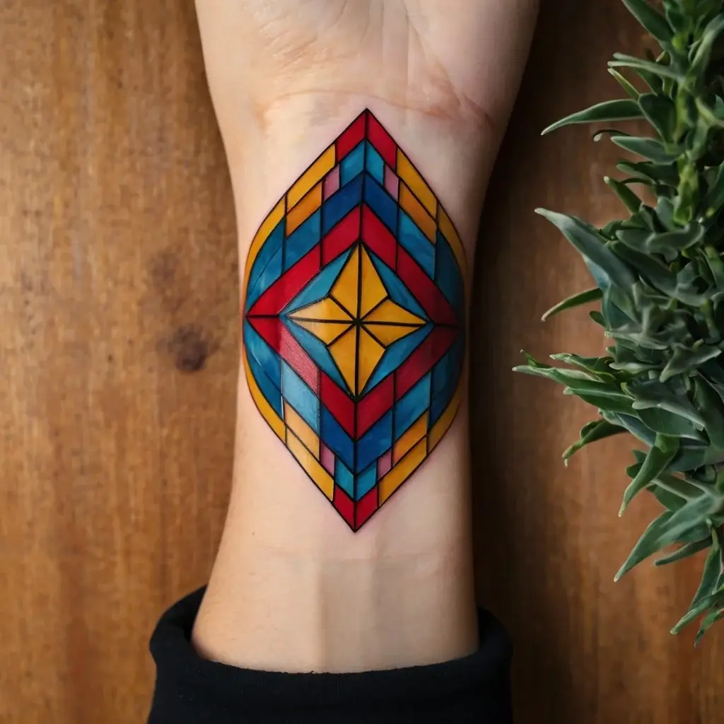 Geometric tattoo with a colorful diamond shape, featuring blue, yellow, and red interlocking patterns on the wrist.