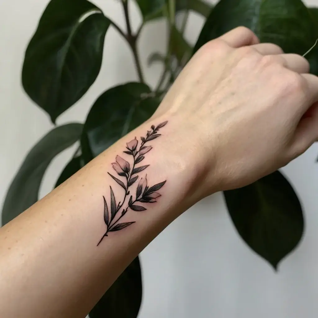 Elegant botanical tattoo of a delicate branch with leaves and subtle pink shading on the forearm.