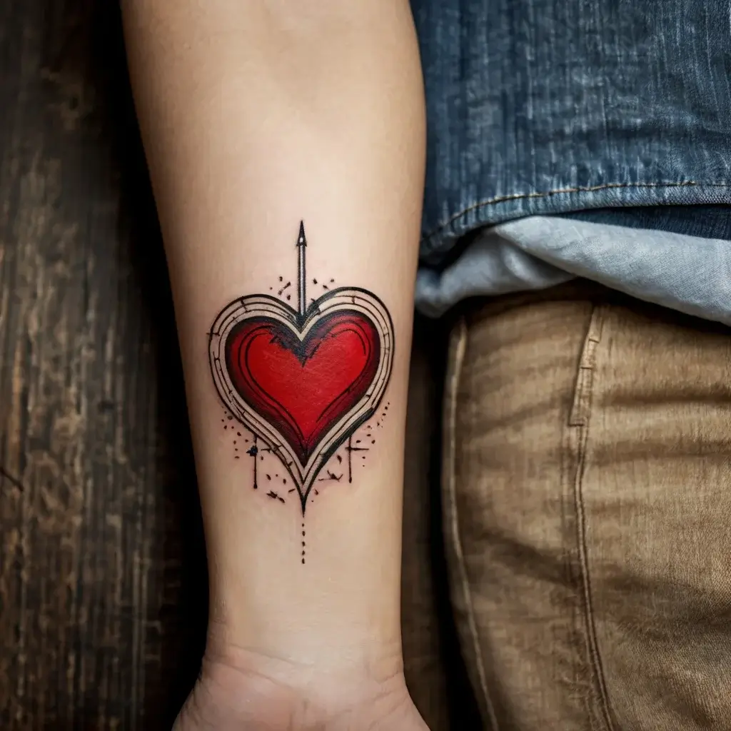 Tattoo of a stylized red heart with a thin black outline, pierced by a geometric arrow, creating a dynamic illusion of depth.