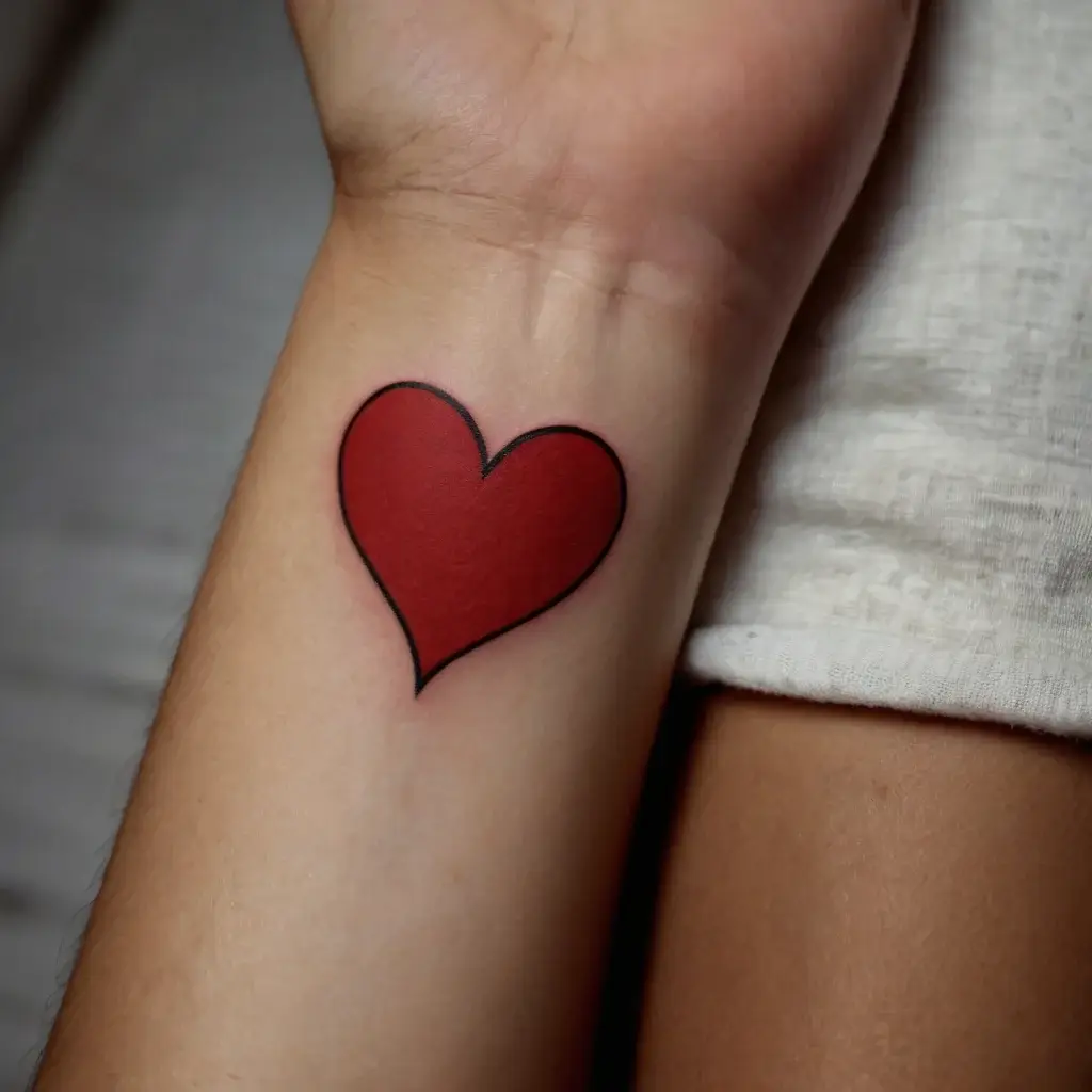 Simple red heart tattoo with bold black outline, located on the inner forearm.