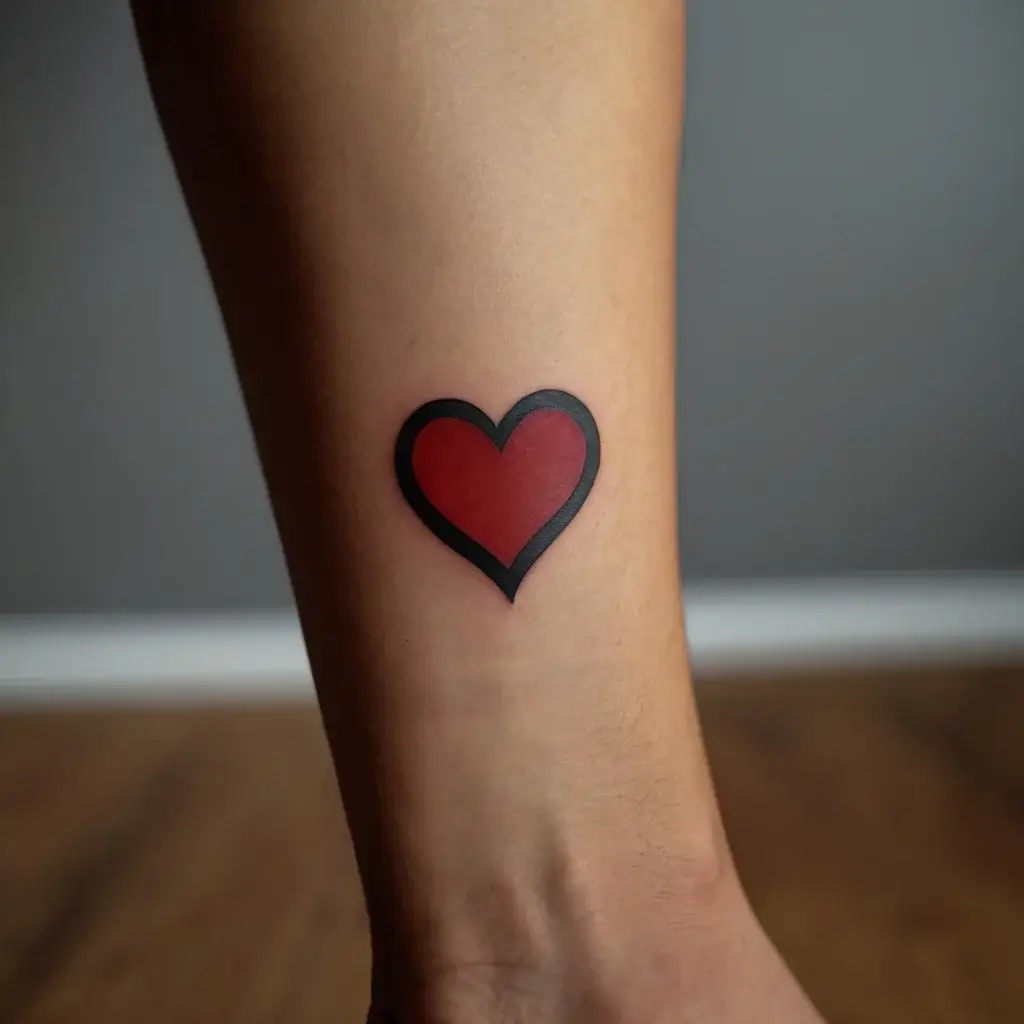 Bold red heart tattoo with a thick black outline on the leg, symbolizing love and passion in a simple design.